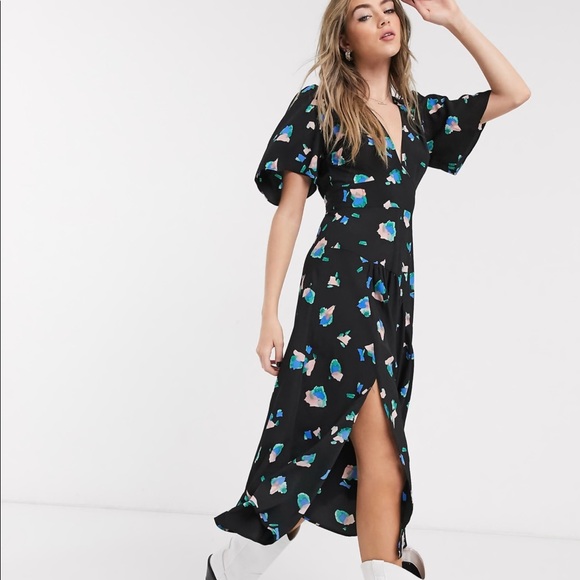 Topshop Black Printed Midi Dress - Picture 1 of 7